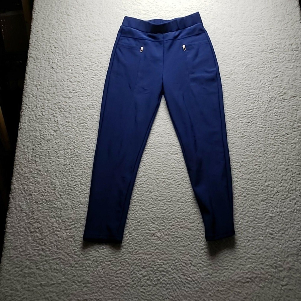 JUST WE Leggings Womens 1XL Blue Cropped Elastic Waist Zip Pockets Stretch Knit